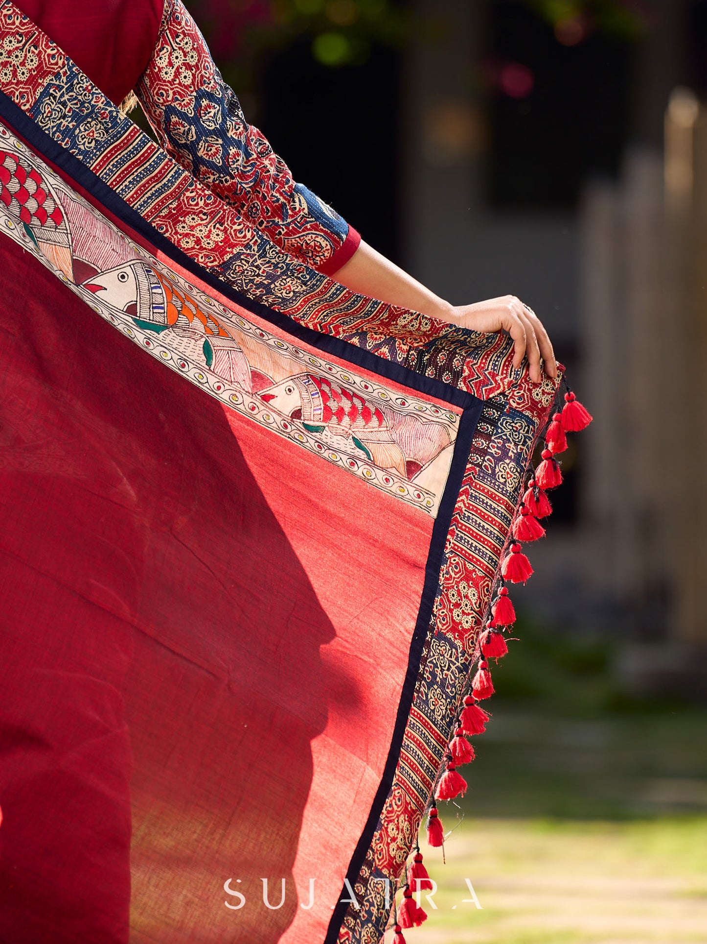 Classy Maroon Cotton Saree with Vibrant Ajrakh Kantha Patchwork Border