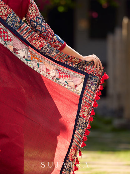 Classy Maroon Cotton Saree with Vibrant Ajrakh Kantha Patchwork Border