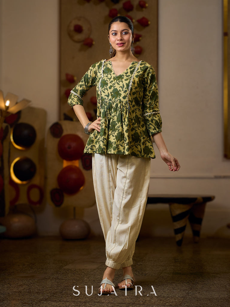 Elegant Cream And Olive Printed Gathered Top Adorned With Elegant Crochet Lace Highlights