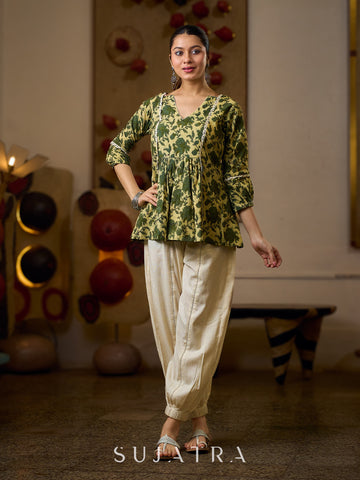 Elegant Cream And Olive Printed Gathered Top Adorned With Elegant Crochet Lace Highlights