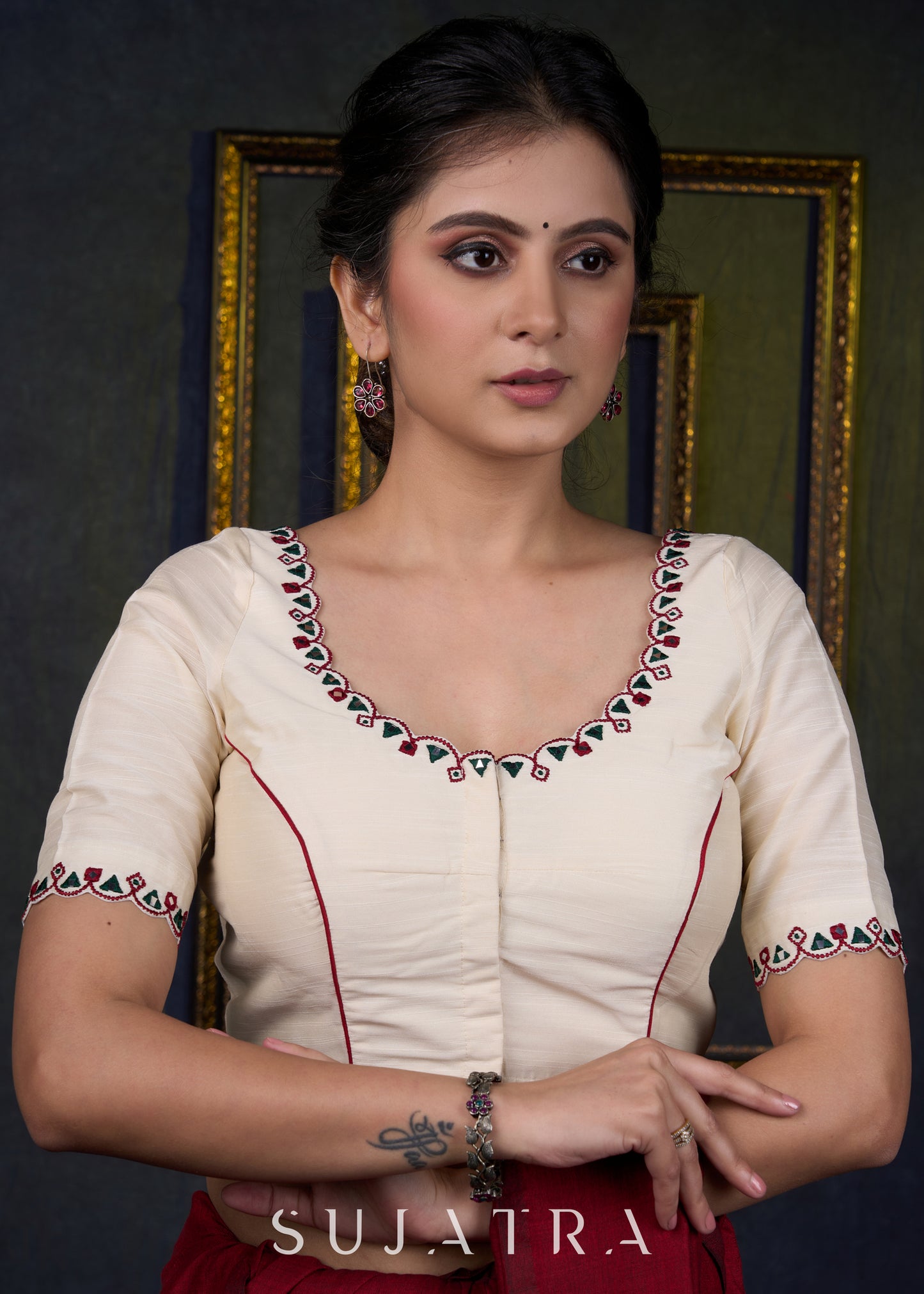 Embroidered Scalloped off White Cotton Silk Blouse - Optional Plain Saree