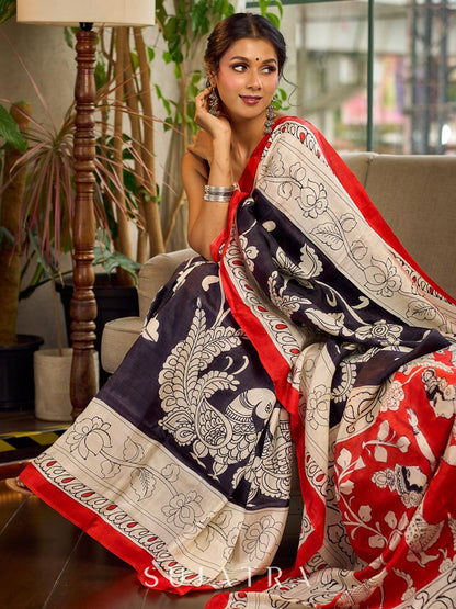 Classic Black & White Kalamkari Pure Silk Saree with Bold Red Contrast Border