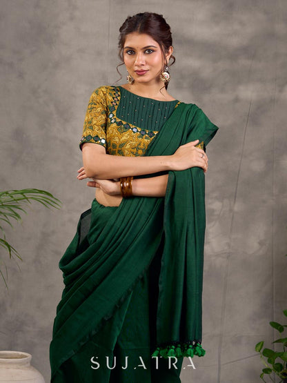 Mustard Ajrakh Print Cotton Blouse with Pintucks Detailing & Mirror Work
