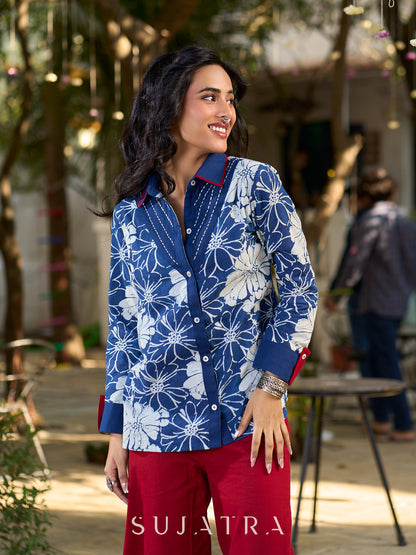 Heritage Indigo Floral Cotton Shirt with Handcrafted Kantha Stitch Accents