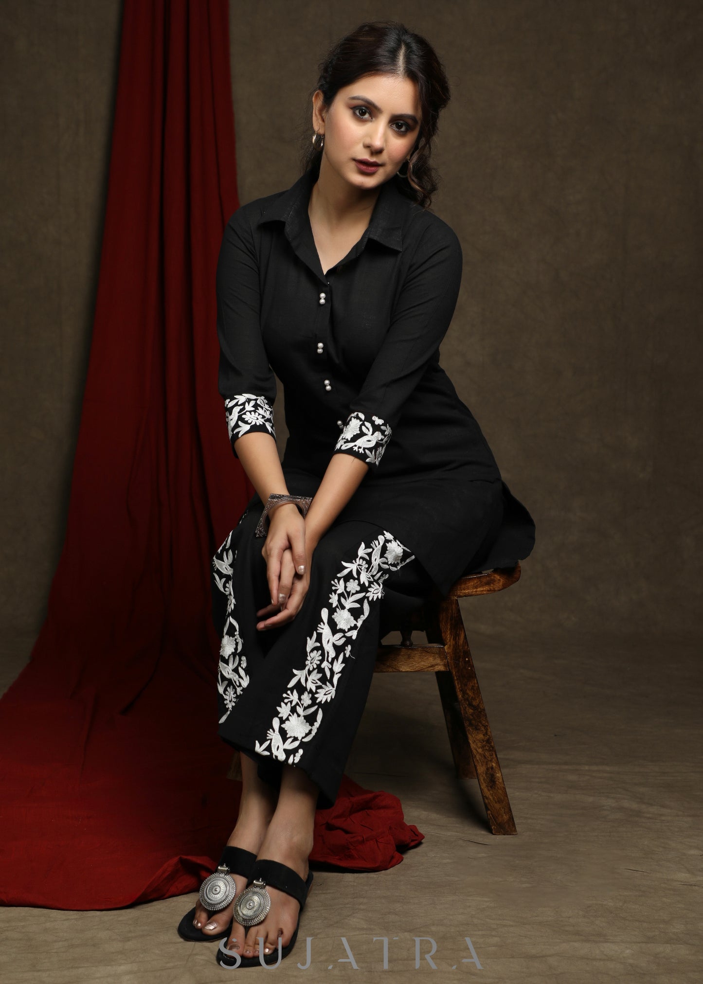 Comfort fit Black embroidered cotton Tunic - Pant Optional