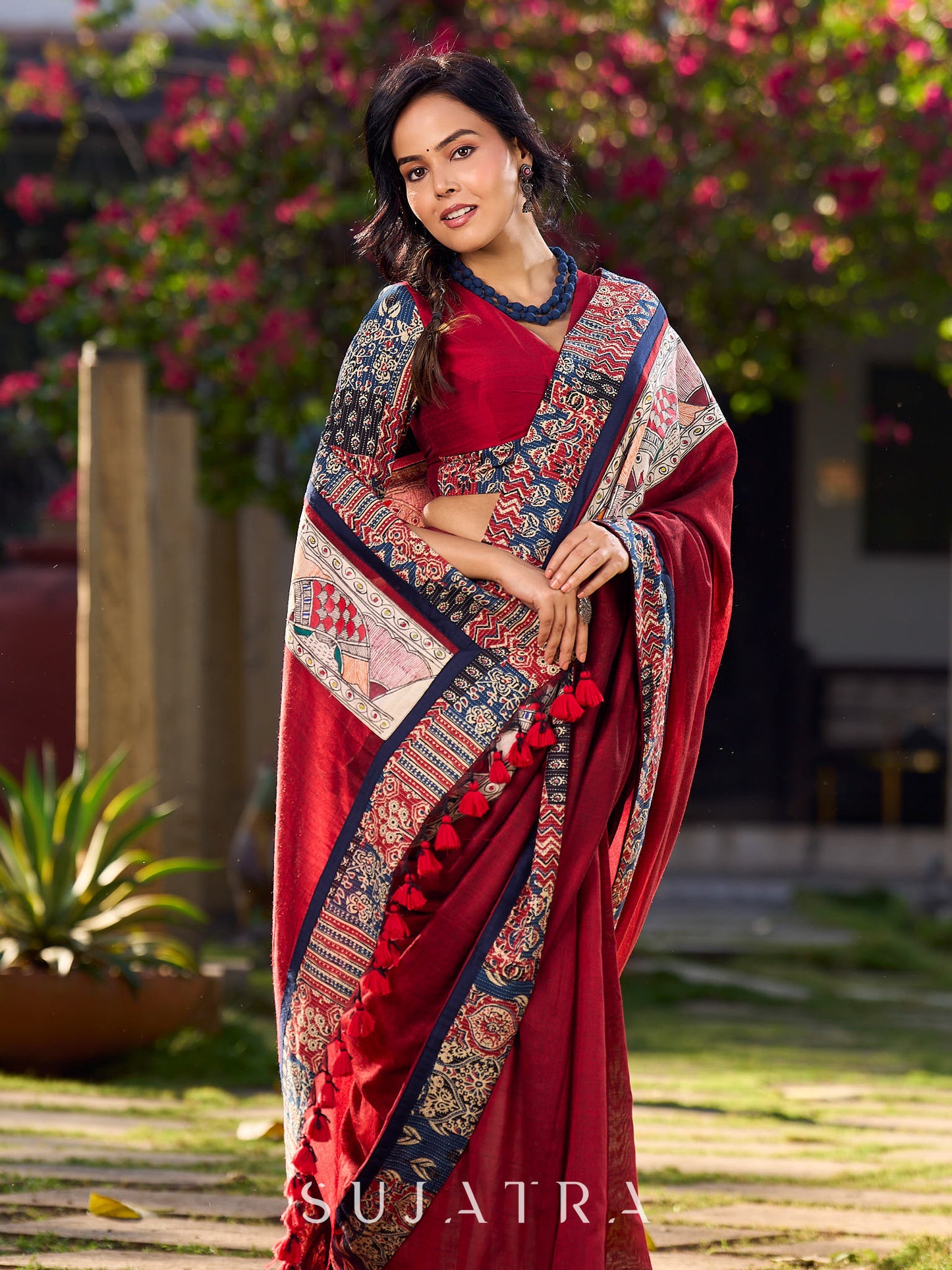 Classy Maroon Cotton Saree with Vibrant Ajrakh Kantha Patchwork Border