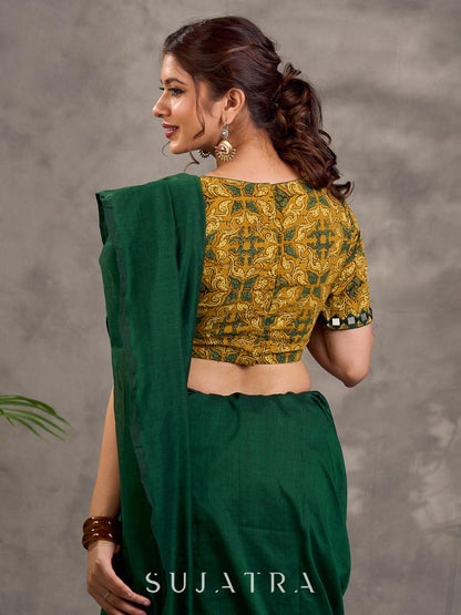 Mustard Ajrakh Print Cotton Blouse with Pintucks Detailing & Mirror Work