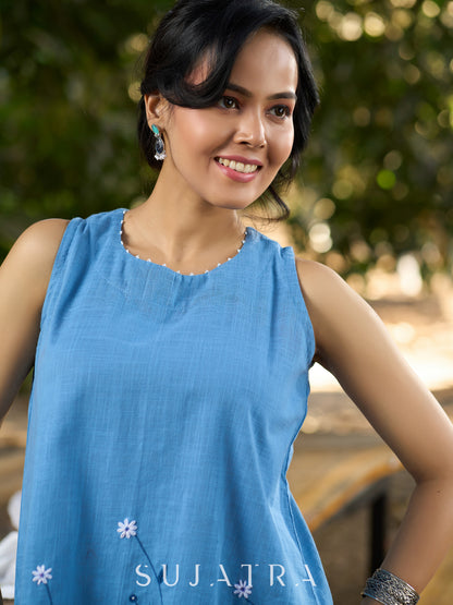 Serene Sky Blue Cotton Slub Sleeveless Top with Hand Embroidered Florals & Intricate Bead Embellishments