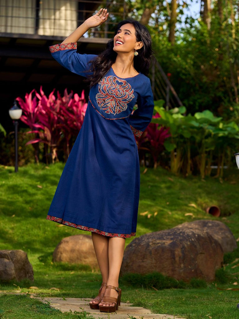 Ajrakh Appliqué Cotton Dress In Navy With Bell Sleeves And Mirror Embellishment