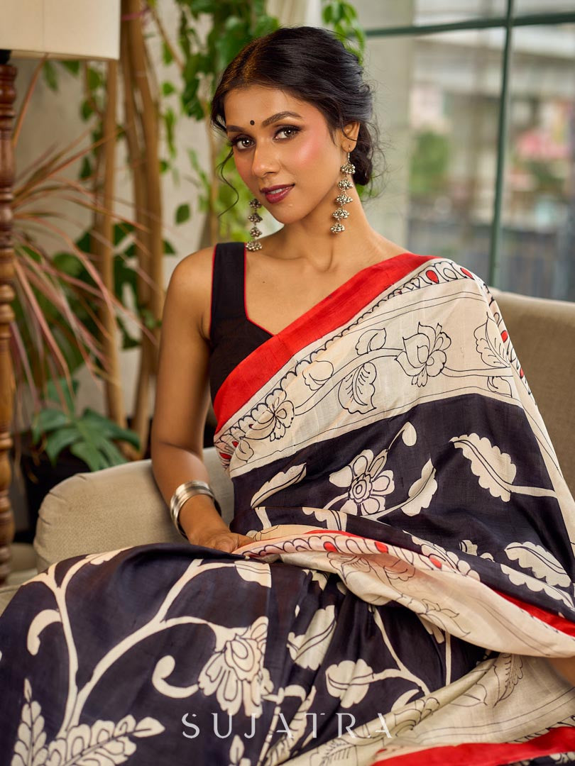 Graceful Black & White Kalamkari Pure Silk Saree with Bold Red Contrast Border