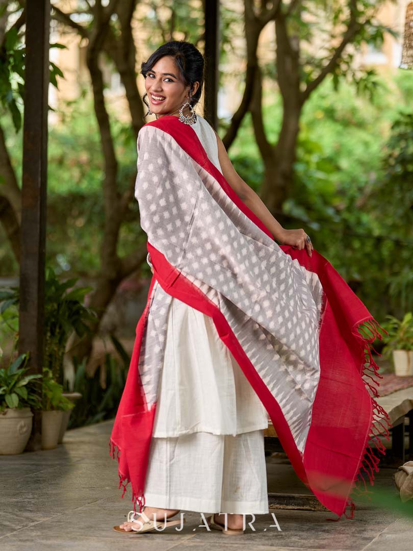 Exquisite Grey & Red Combination Ikat Cotton Dupatta