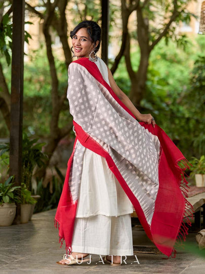 Exquisite Grey & Red Combination Ikat Cotton Dupatta