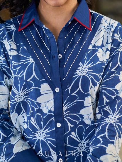 Heritage Indigo Floral Cotton Shirt with Handcrafted Kantha Stitch Accents