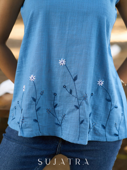 Serene Sky Blue Cotton Slub Sleeveless Top with Hand Embroidered Florals & Intricate Bead Embellishments