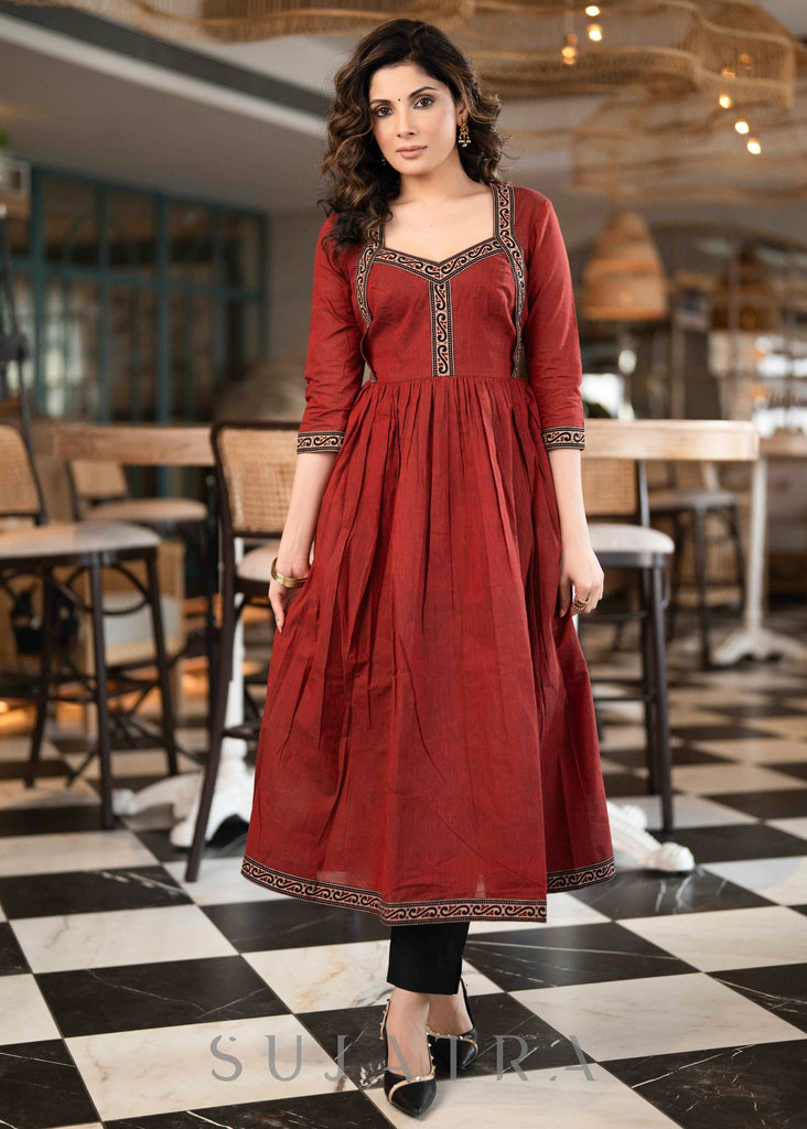 Stylish Maroon Handloom A Line Kurta With Ajrakh Border On Yoke With Slip  - Pant Optional