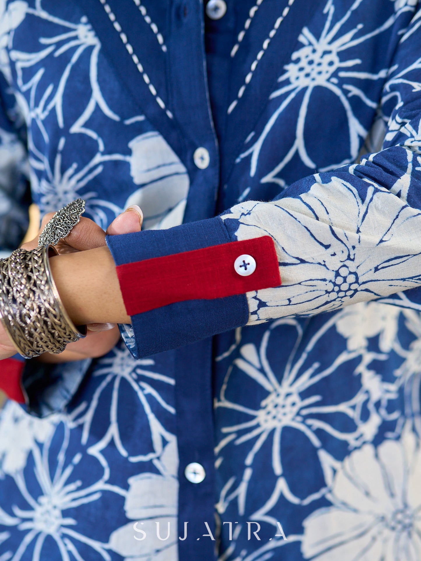 Heritage Indigo Floral Cotton Shirt with Handcrafted Kantha Stitch Accents