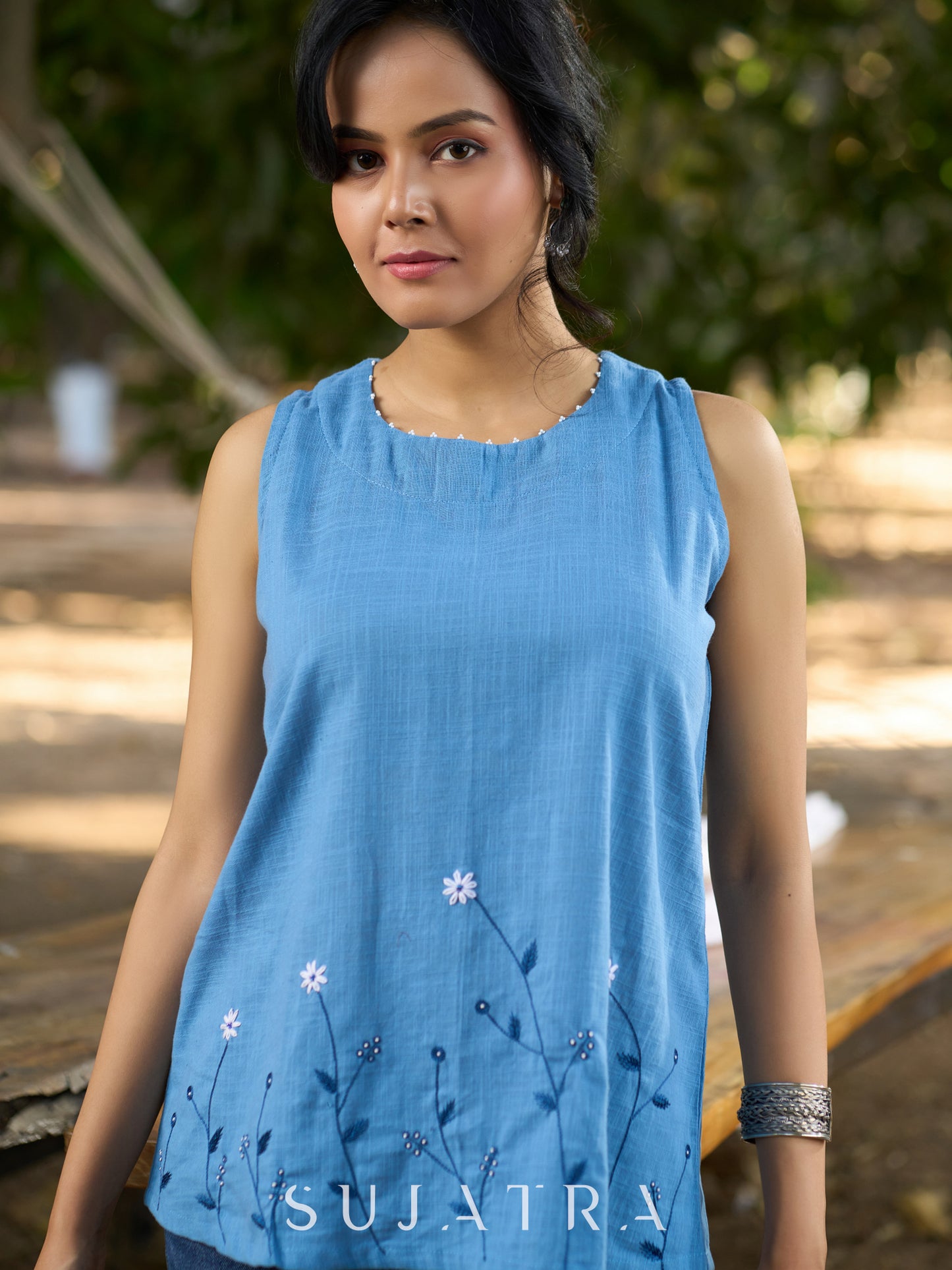 Serene Sky Blue Cotton Slub Sleeveless Top with Hand Embroidered Florals & Intricate Bead Embellishments