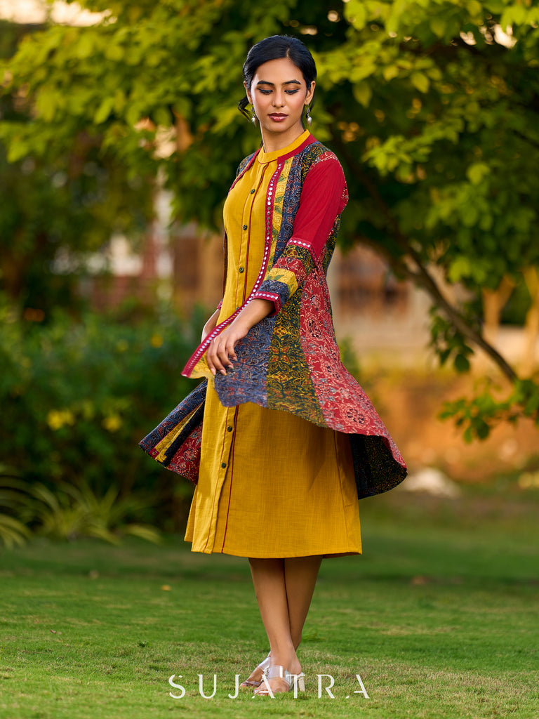 Vibrant Ajrakh Panel Jacket Embellished With Mirror Lace Highlights
