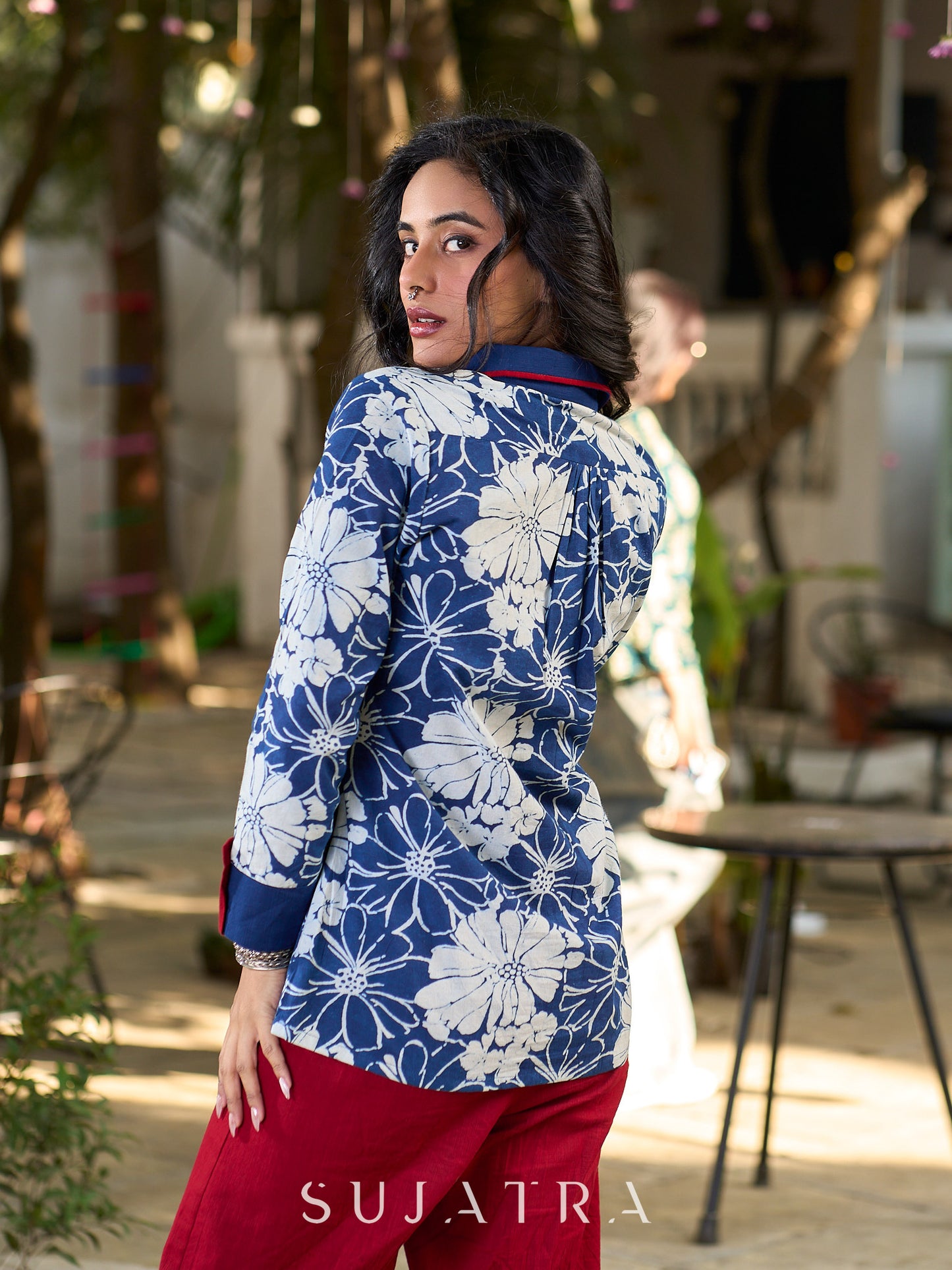 Heritage Indigo Floral Cotton Shirt with Handcrafted Kantha Stitch Accents