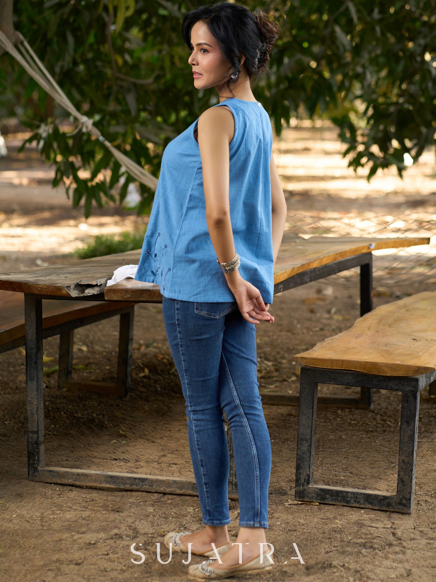 Serene Sky Blue Cotton Slub Sleeveless Top with Hand Embroidered Florals & Intricate Bead Embellishments