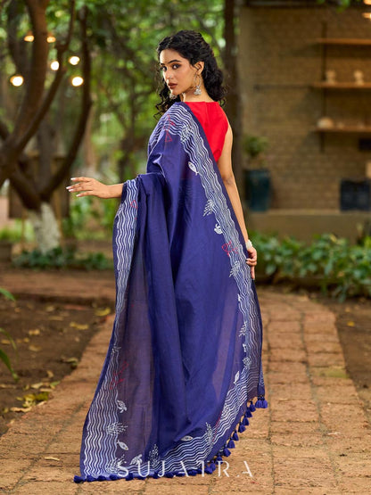 Vibrant Royal Blue Hand Block Printed Cotton Saree
