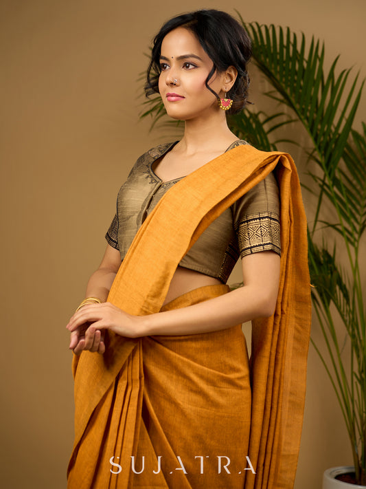 Elegant dark gold cotton silk blouse with traditional block print design - Optional Plain Saree