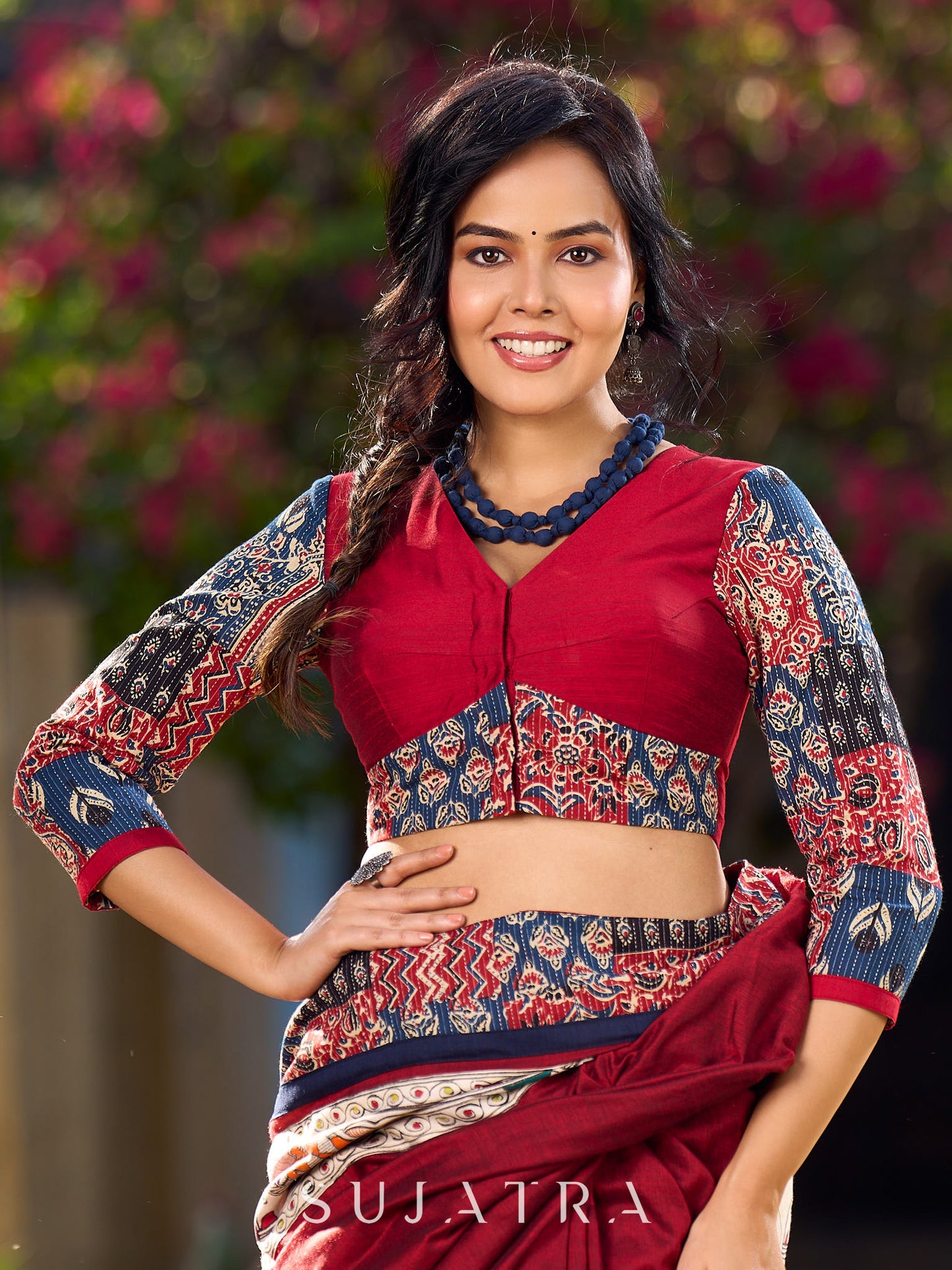 Chic Maroon Cotton Saree with Vibrant Ajrakh Kantha Patchwork & Madhubani Border