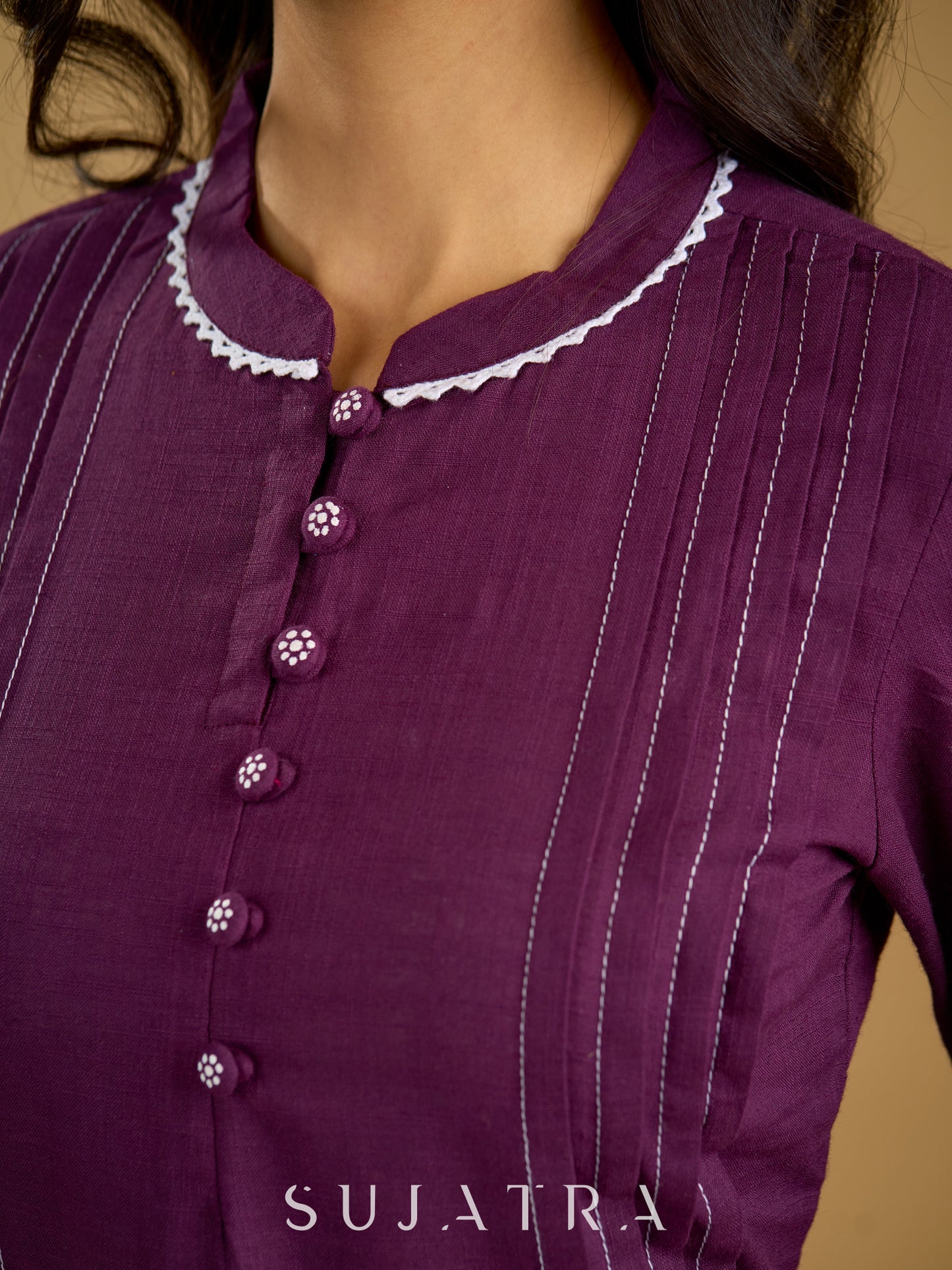 Elegant purple cotton top beautifully finished with delicate lace detailing