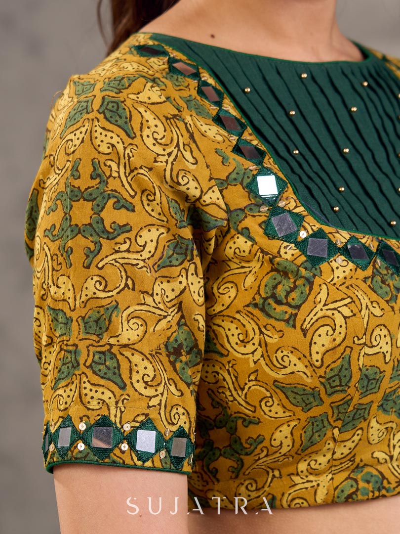 Mustard Ajrakh Print Cotton Blouse with Pintucks Detailing & Mirror Work - Saree Optional