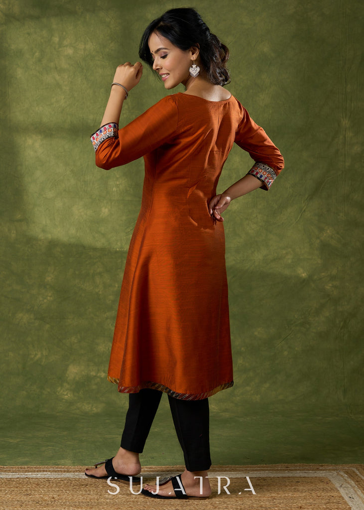 Exclusive Rust Kurta With Hand Painted Madhubani Yoke  - Pant Optional