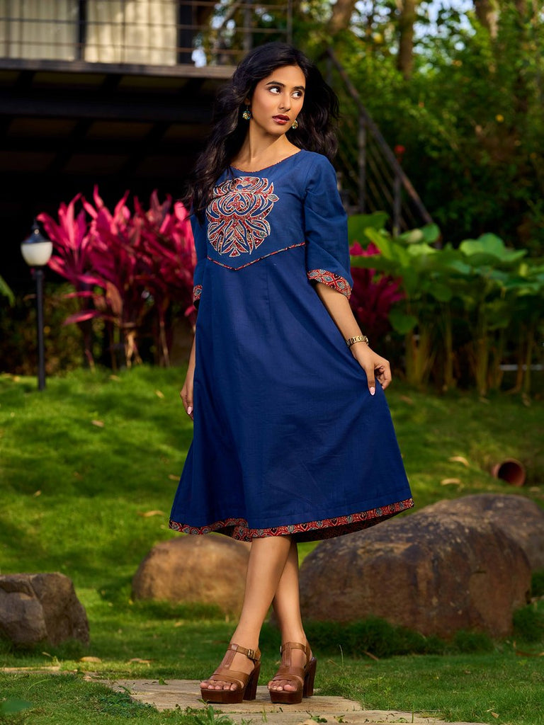 Ajrakh Appliqué Cotton Dress In Navy With Bell Sleeves And Mirror Embellishment