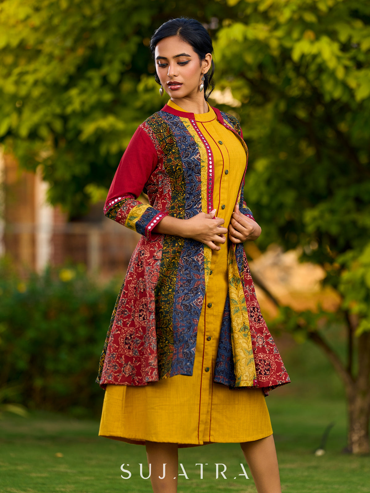 Artisanal Multicolour Panel Jacket with Intricate Ajrakh Prints and Mirror Lace Embellishments