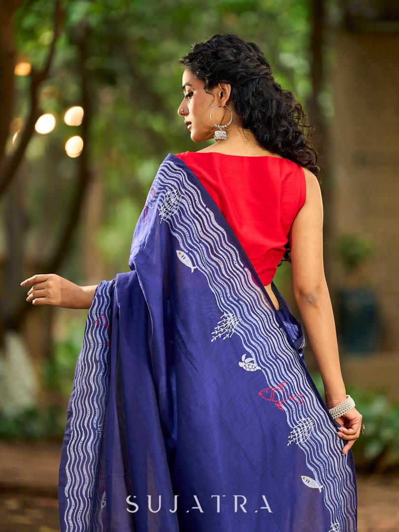 Vibrant Royal Blue Hand Block Printed Cotton Saree