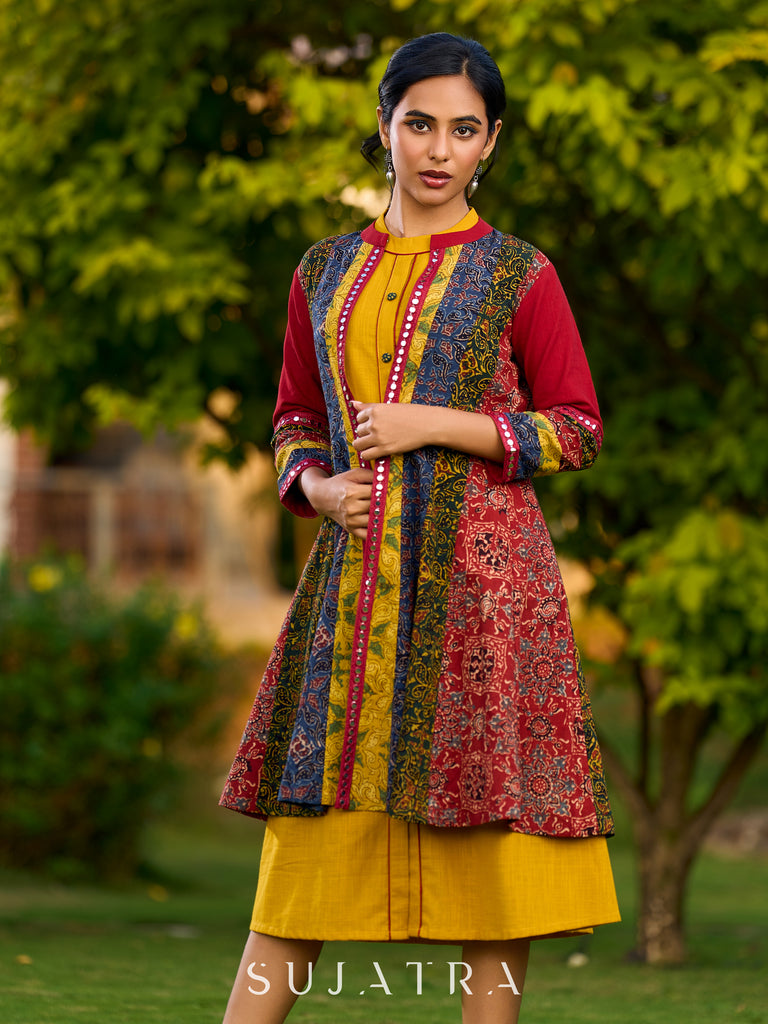 Vibrant Ajrakh Panel Jacket Embellished With Mirror Lace Highlights