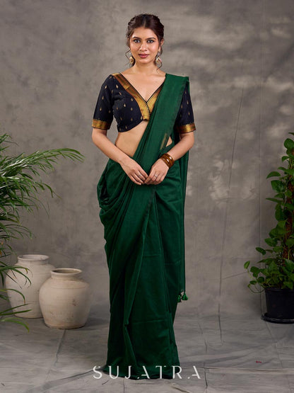 Contemporary Dark Bottle Green Cotton Saree