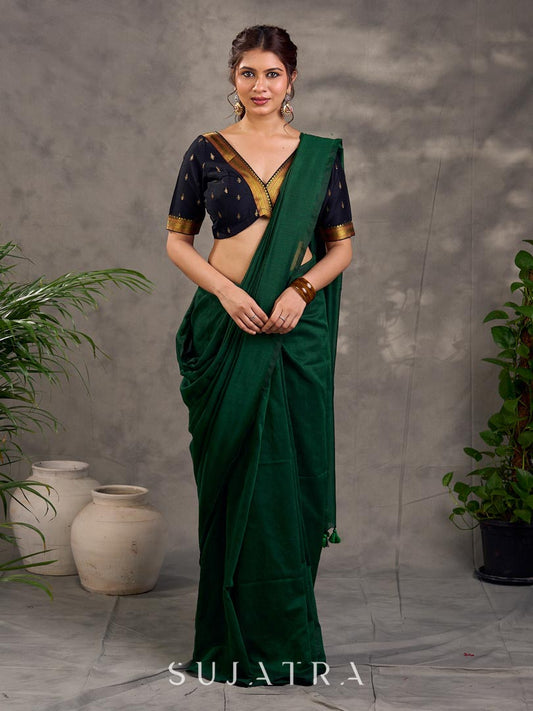 Contemporary Dark Bottle Green Cotton Saree