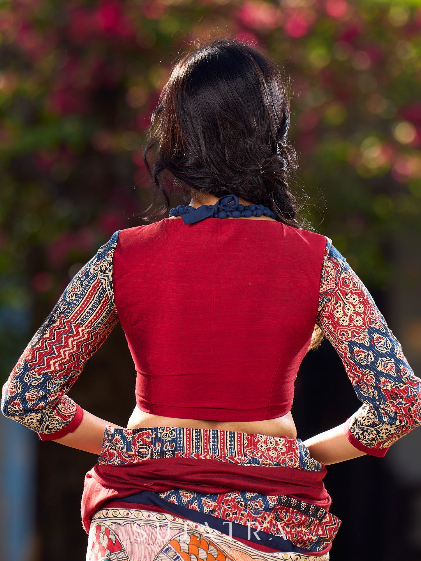 Elegant Maroon Cotton Silk & Ajrakh Kantha Patchwork Blouse