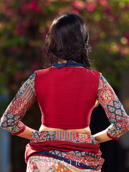 Elegant Maroon Cotton Silk & Ajrakh Kantha Patchwork Blouse