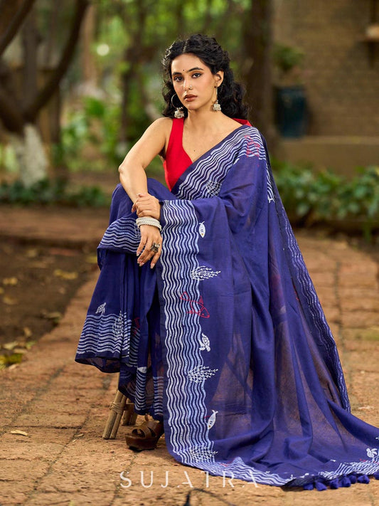 Vibrant Royal Blue Hand Block Printed Cotton Saree