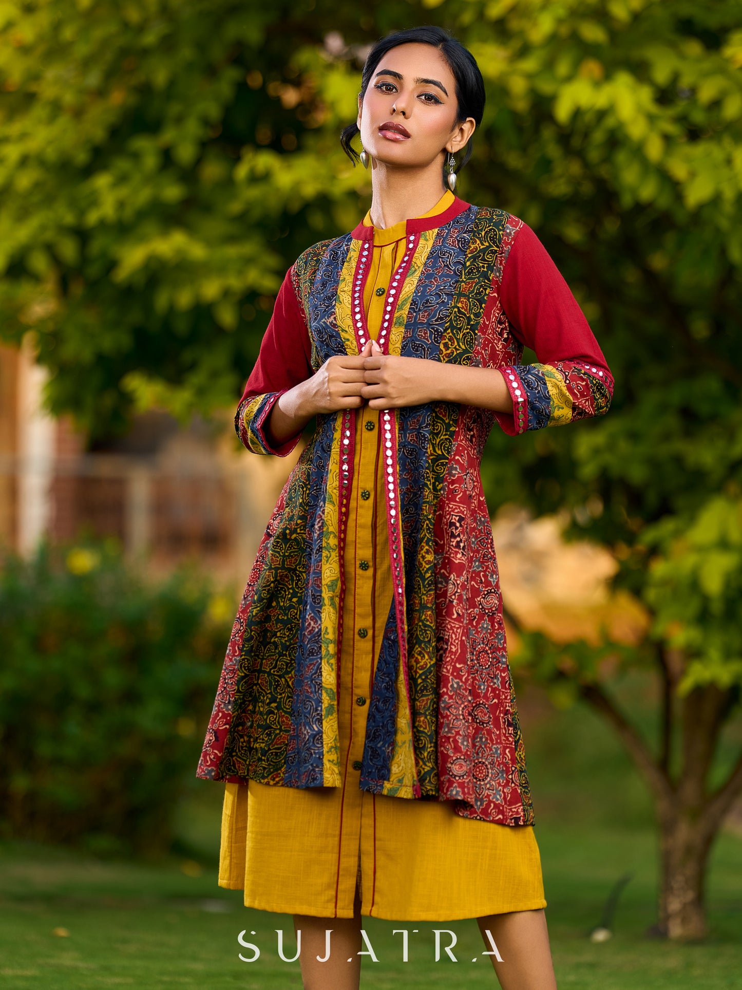Artisanal Multicolour Panel Jacket with Intricate Ajrakh Prints and Mirror Lace Embellishments