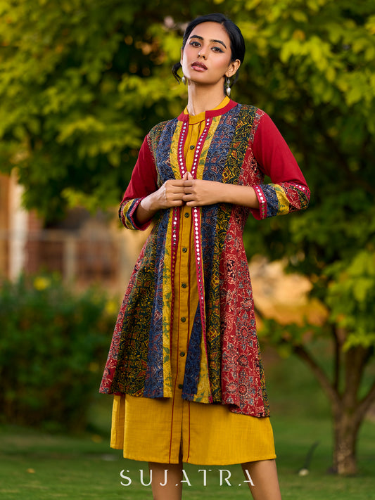 Vibrant Ajrakh Panel Jacket Embellished With Mirror Lace Highlights - Mustard Dress Optional