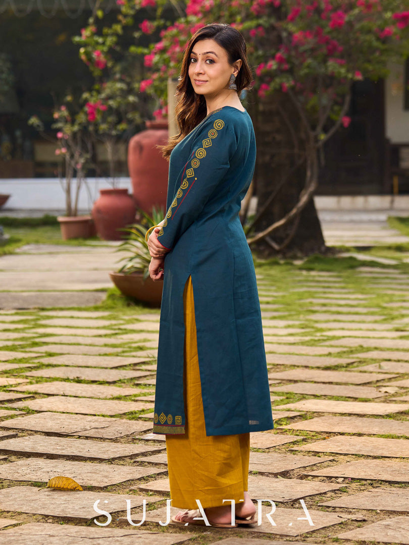 Classy Teal Cotton Hand Block Printed Kurta With Geometric Motifs On Neckline And Hem