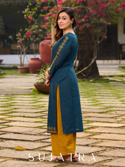 Classy Teal Cotton Hand Block Printed Kurta With Geometric Motifs On Neckline And Hem