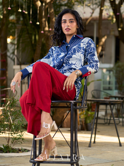 Heritage Indigo Floral Cotton Shirt with Handcrafted Kantha Stitch Accents