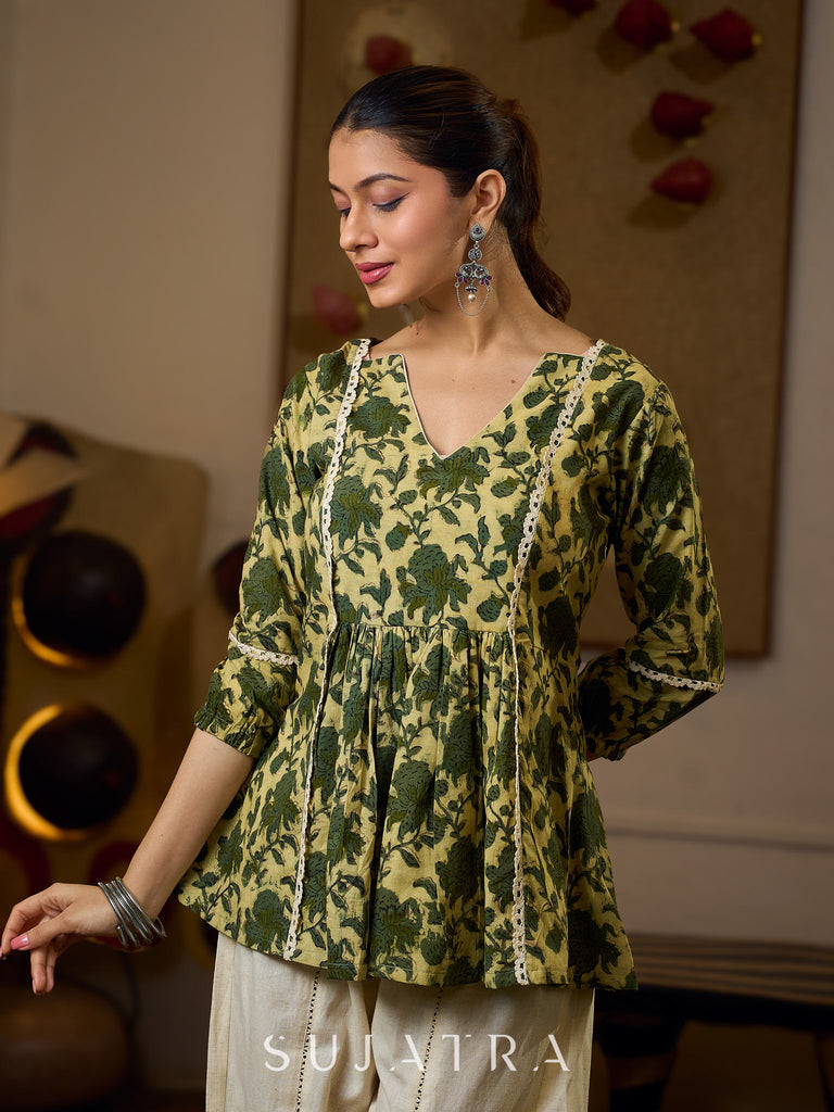 Elegant Cream And Olive Printed Gathered Top Adorned With Elegant Crochet Lace Highlights