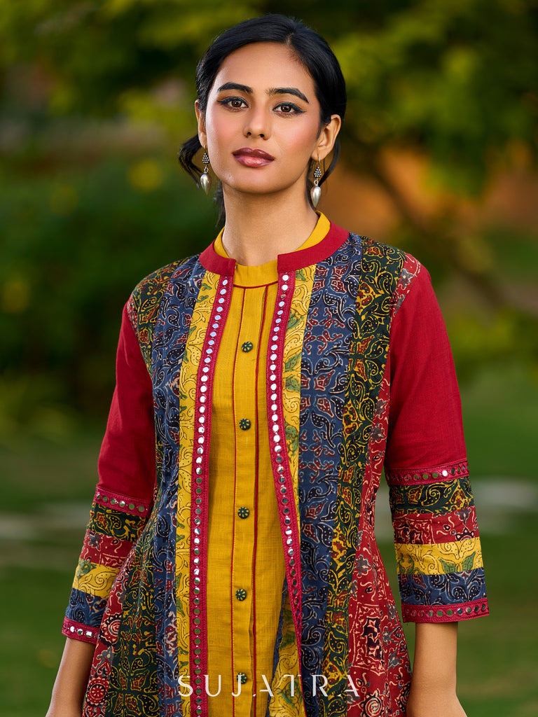 Vibrant Ajrakh Panel Jacket Embellished With Mirror Lace Highlights