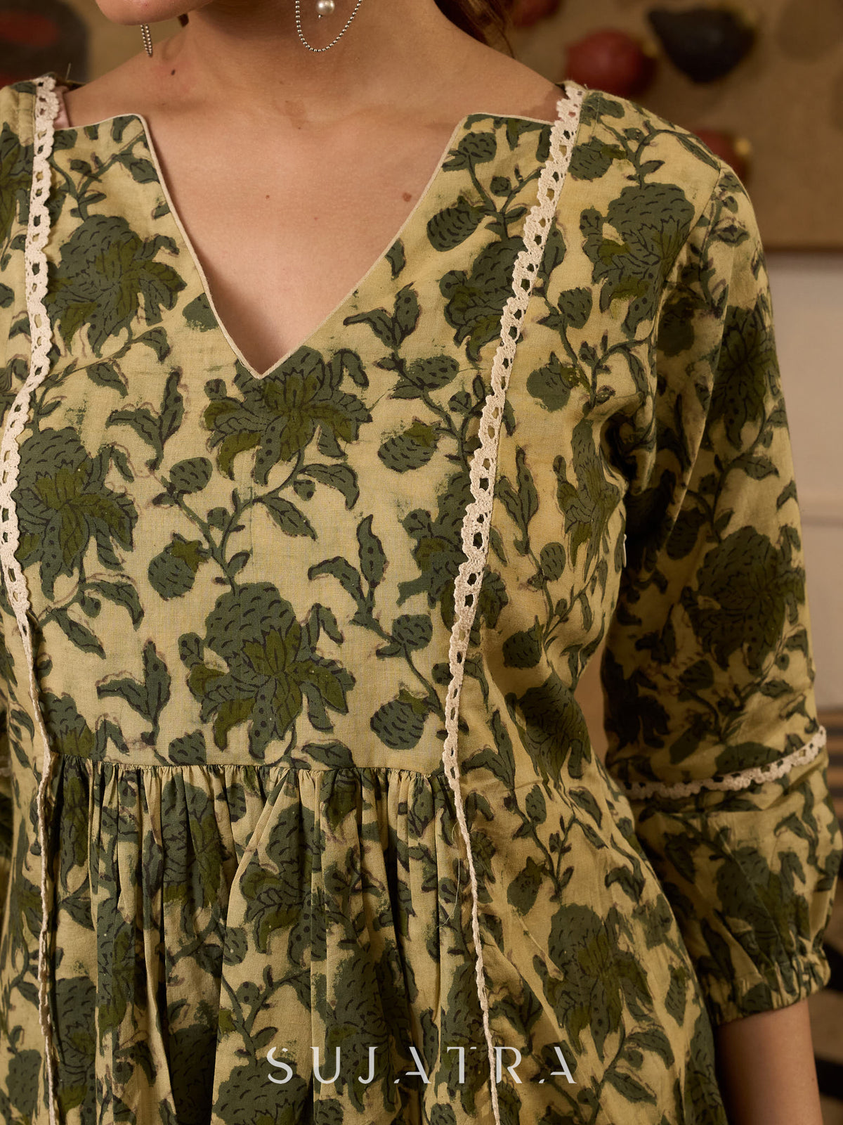Elegant Cream And Olive Printed Gathered Top Adorned With Elegant Crochet Lace Highlights - Pant Optional
