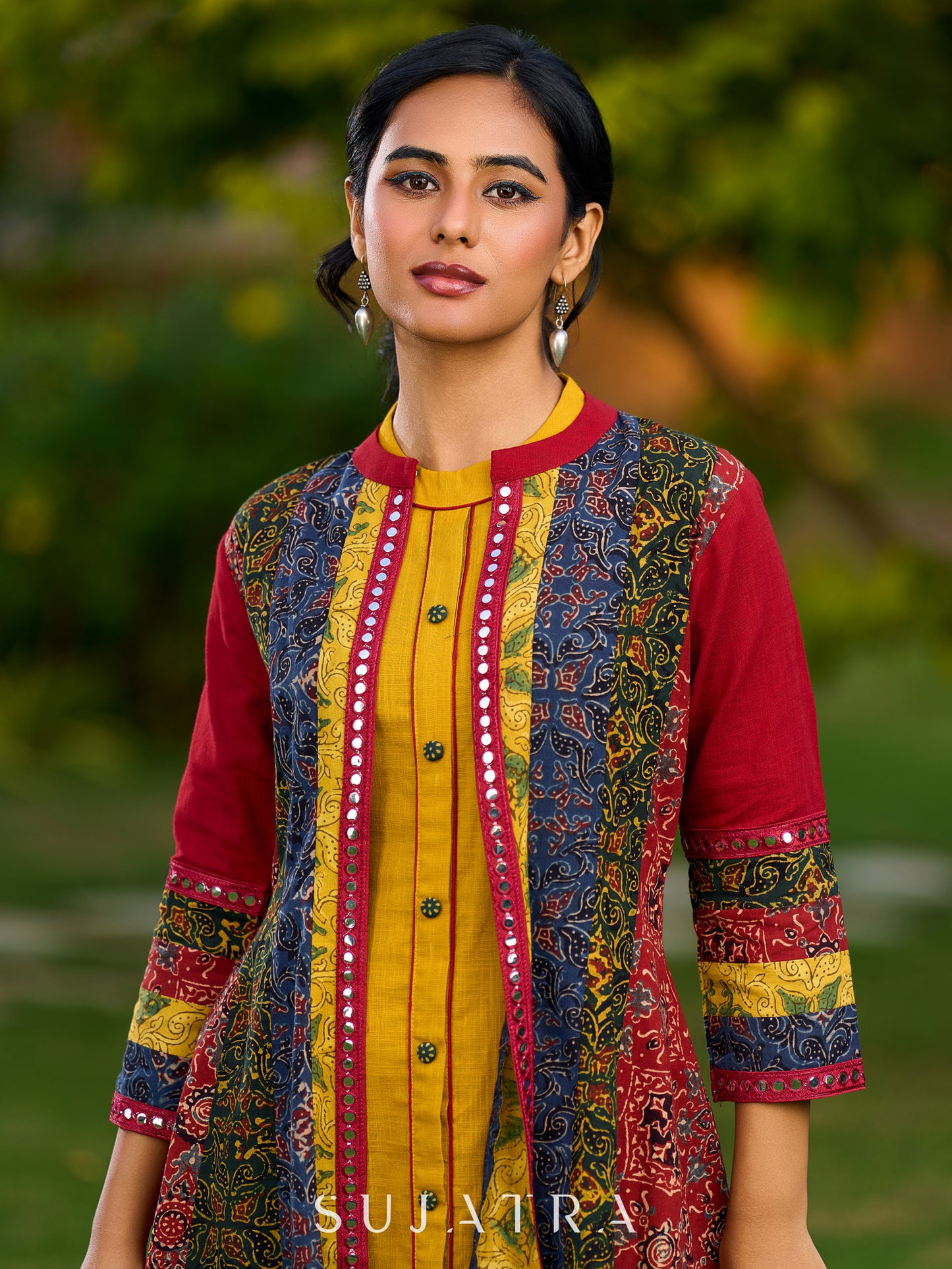 Artisanal Multicolour Panel Jacket with Intricate Ajrakh Prints and Mirror Lace Embellishments