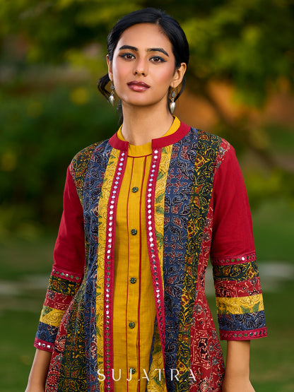 Artisanal Multicolour Panel Jacket with Intricate Ajrakh Prints and Mirror Lace Embellishments