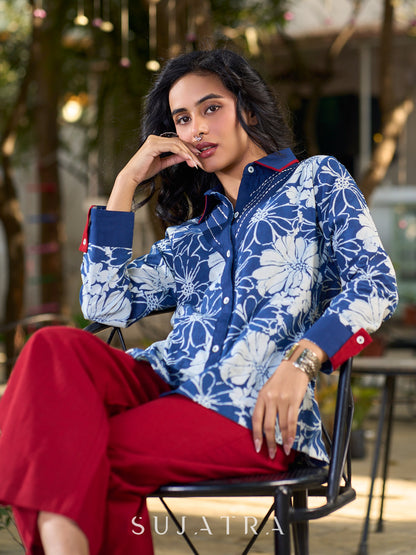 Heritage Indigo Floral Cotton Shirt with Handcrafted Kantha Stitch Accents